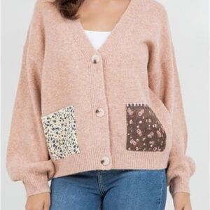 NEW Boutique Floral Patch Pocket V-Neck Cardigan